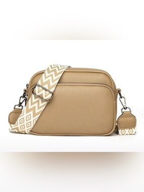 NWT Leather Crossbody Bag in Beige with Patterned Strap